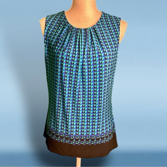 Calvin Klein ‘Sleeveless Pleat Neck Knit Top’ in Electric Blue Geometric Print M - Picture 1 of 12